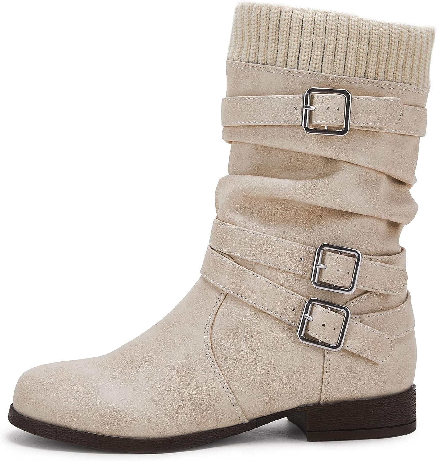 Womens Slouchy Mid Calf Boots Buckle Strap Low Chunky Heel round Toe Faux Leather Winter Riding Booties