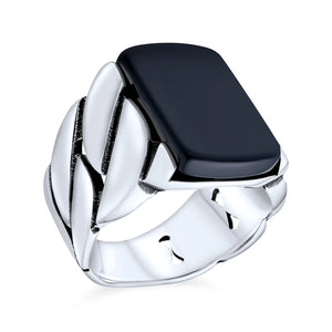 Mens Mens Silver Ring: Biker Urban Classic Braided Cable Wheat Chain Band with Black Onyx