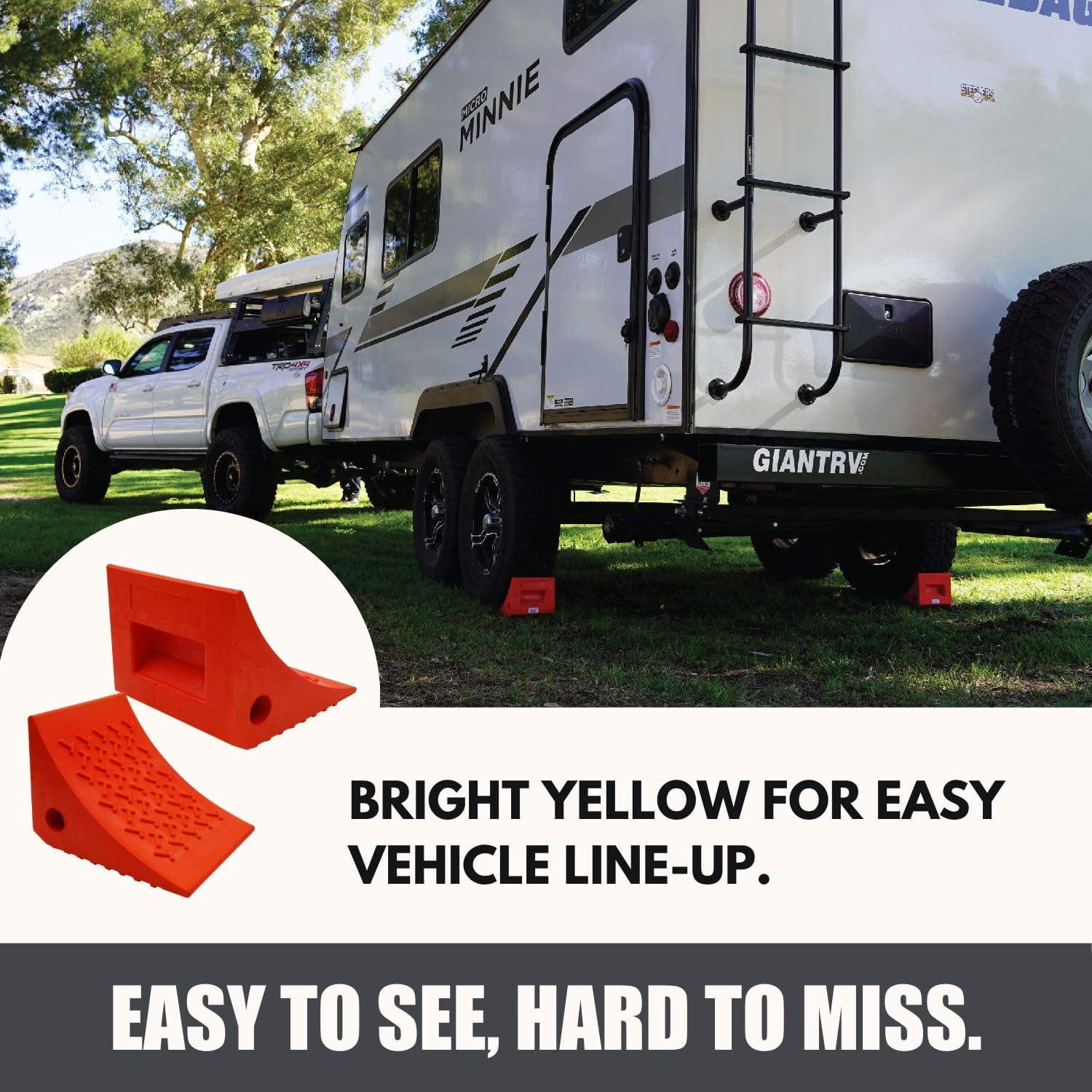 Heavy Duty Wheel Chocks (2 Pack) - Durable, Non-Slip, Solid Rubber Wheel Chocks for Boat Trailers, RV, Truck, Camper - Perfect on All Surfaces and in All Weather - Orange…