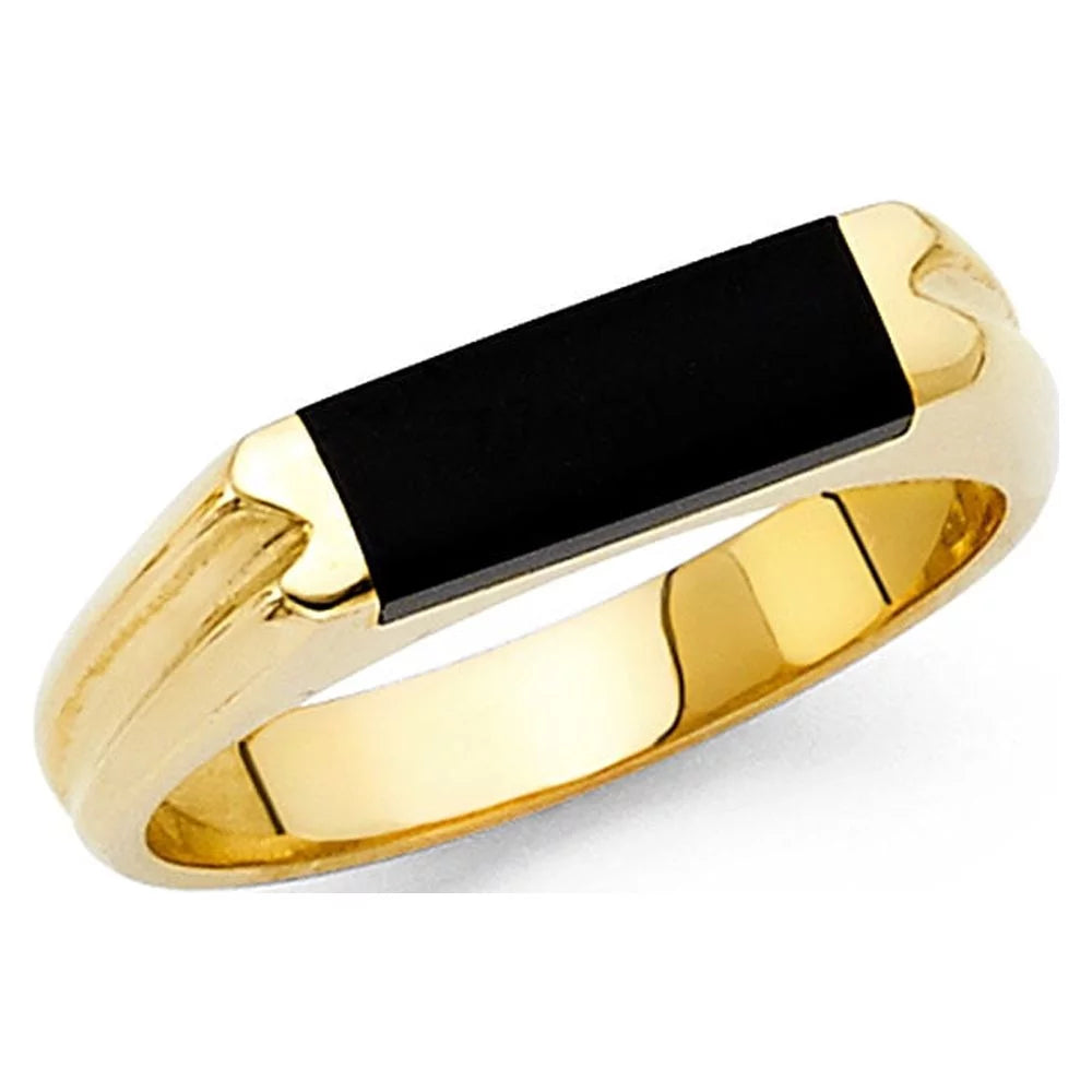 Solid 14K Yellow Gold Onyx Ring Mens Black Diamond Cut Band Stylish Square Design Polished Fancy Size 8