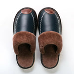 Men Winter Leather Slippers Bedroom Cotton Slippers Waterproof Thick plus Velvet Indoor Warm House Home Slippers Shoes Fashion