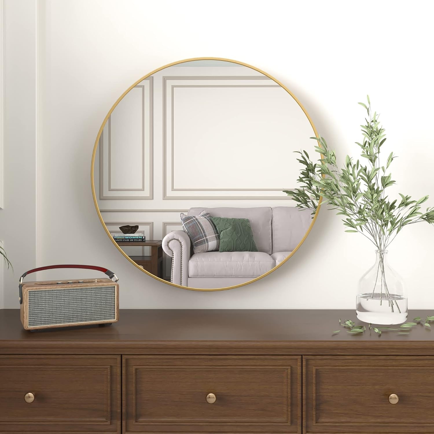 28" Wall Circle Mirror for Bathroom, Gold round Mirror for Wall, 28 Inch Hanging round Mirror for Living Room, Vanity, Bedroom