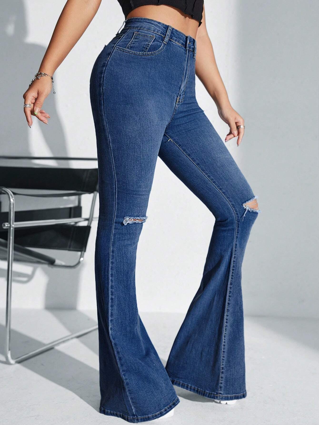 SHEIN SXY High Waist Ripped Flare Leg Jeans